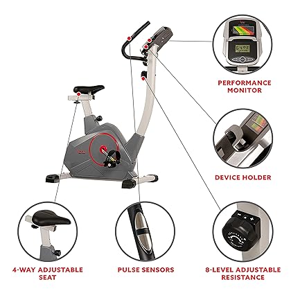 Sunny Health & Fitness Stationary Upright Exercise Bike with Performance Monitor, Tablet/iPad Device Holder, 275 LB Max User Weight with Body Fat and BMI Calculator - SF-B2952,Gray