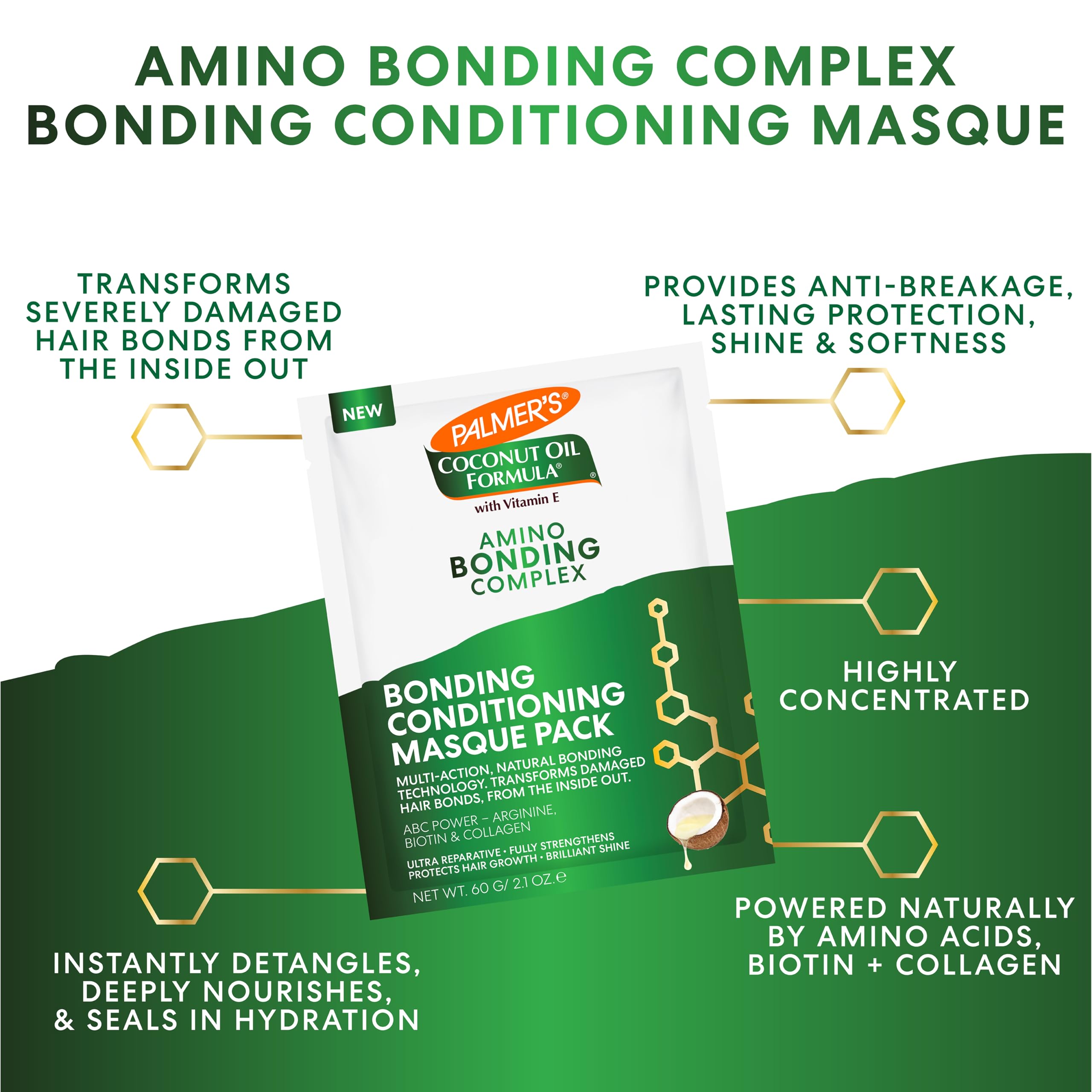 Palmer's Amino Bonding Complex Hair Mask, Intense Conditioning Masque Pack with Coconut Oil & Vitamin E, Heat Protectant, Anti Frizz, Adds Shine, Protects Hair Growth, All Hair Types, 2.1 oz packette