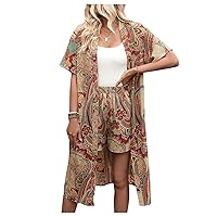 Verdusa Women's Casual Two Piece Outfits Paisley Print Long Kimono and Short Sets