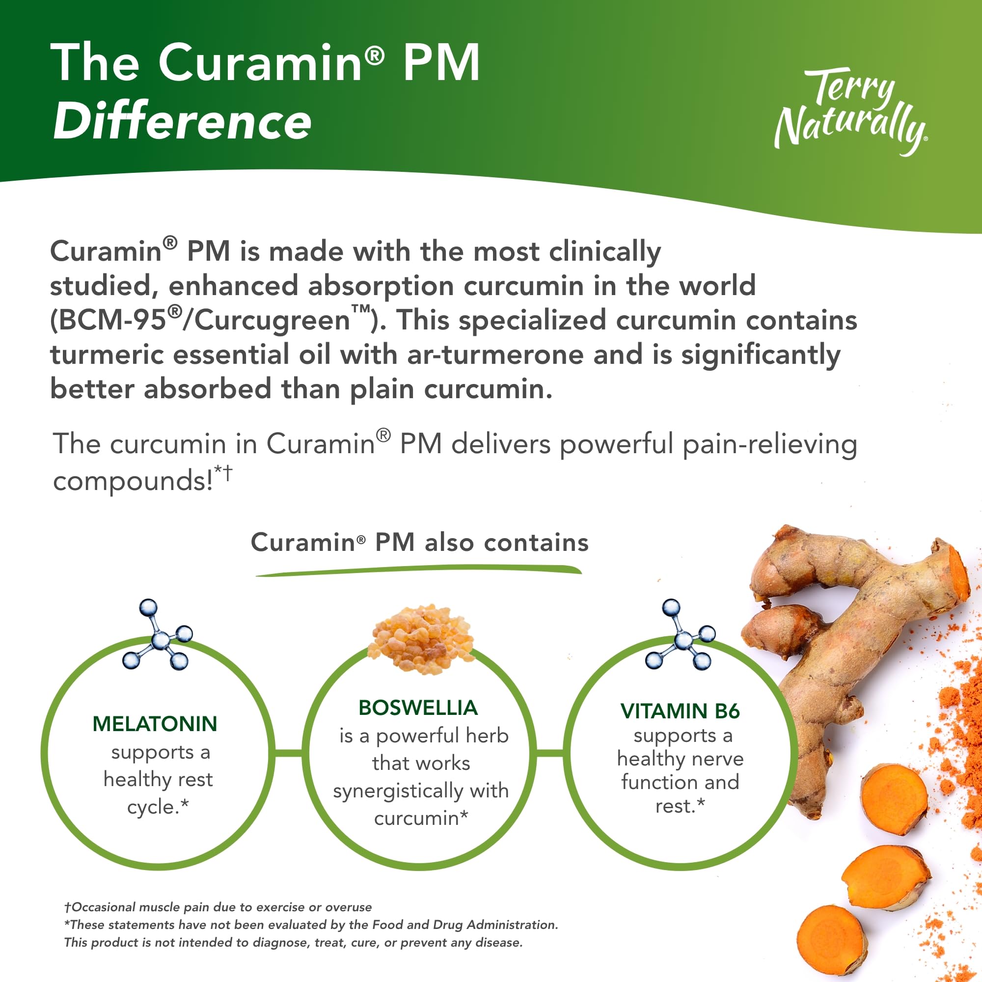 Terry Naturally Curamin PM - 60 Capsules - Non-Habit Forming Nighttime Pain Relief Supplement, Contains Curcumin & Melatonin - Non-GMO, Gluten Free, Kosher - 30 Servings