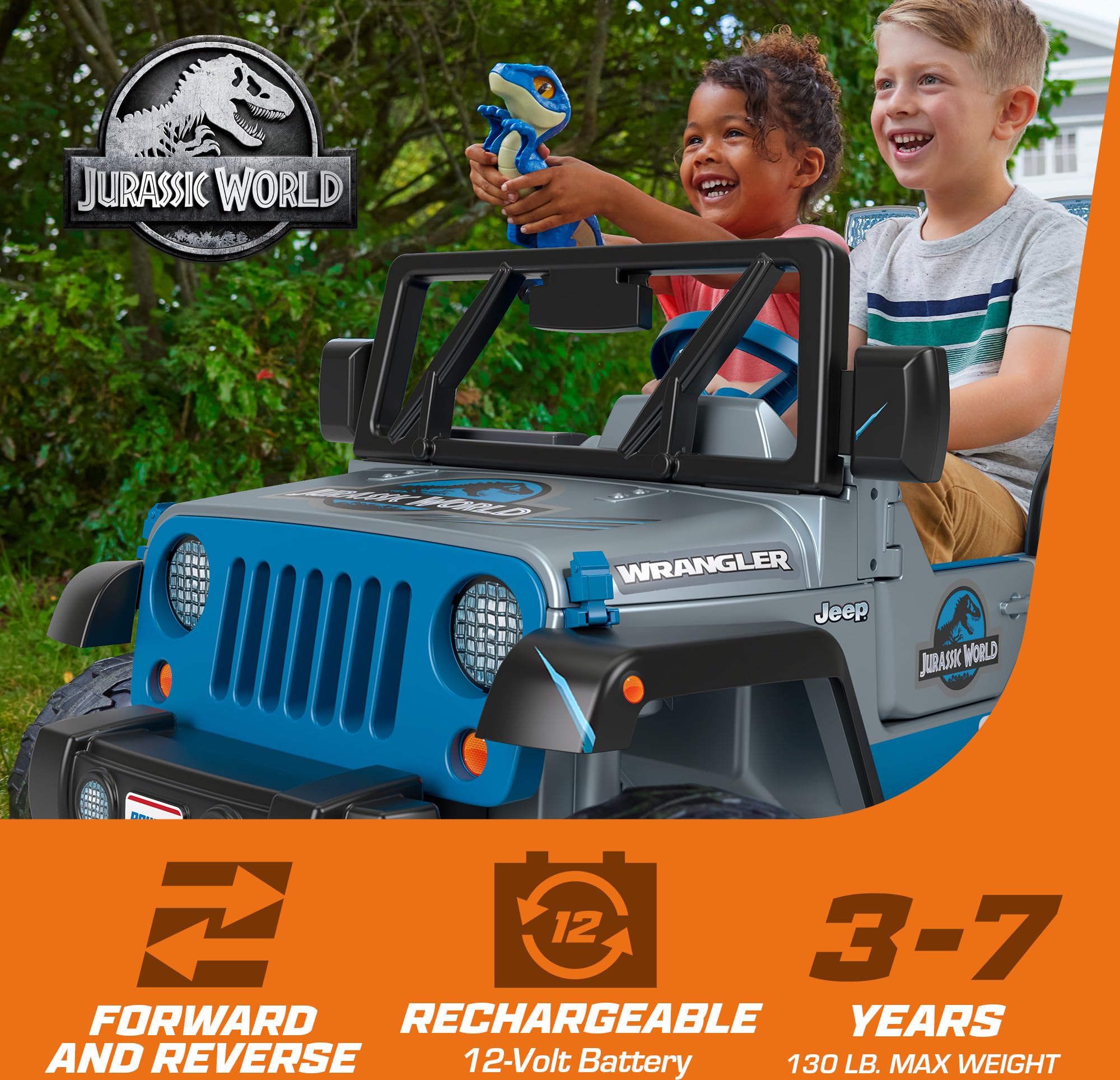 Bundle of Power Wheels Jurassic World Dino Damage Jeep Wrangler Ride-On Toy with Lights, Sounds and Dinosaur Toy, Multi-Terrain Traction, Seats 2 + Replacement Battery 12-Volt 12-Ah Rechargeable