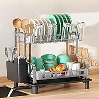 BOOSINY 2 Tier Dish Drying Rack for Kitchen Counter, Large Dish Dryer Rack for Saving Space, Stainless Steel Dish Drainers with Cutlery Holder, Cup Rack and Automatic Drainage, Grey