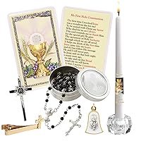 Complete Boy's First Holy Communion Gift Set, Elegant Black Rosary, IHS Crucifix Medal, Commemorative Candle, Gold Cross Tie Clip, Bell Pendant, Prayer Card, 6 Items