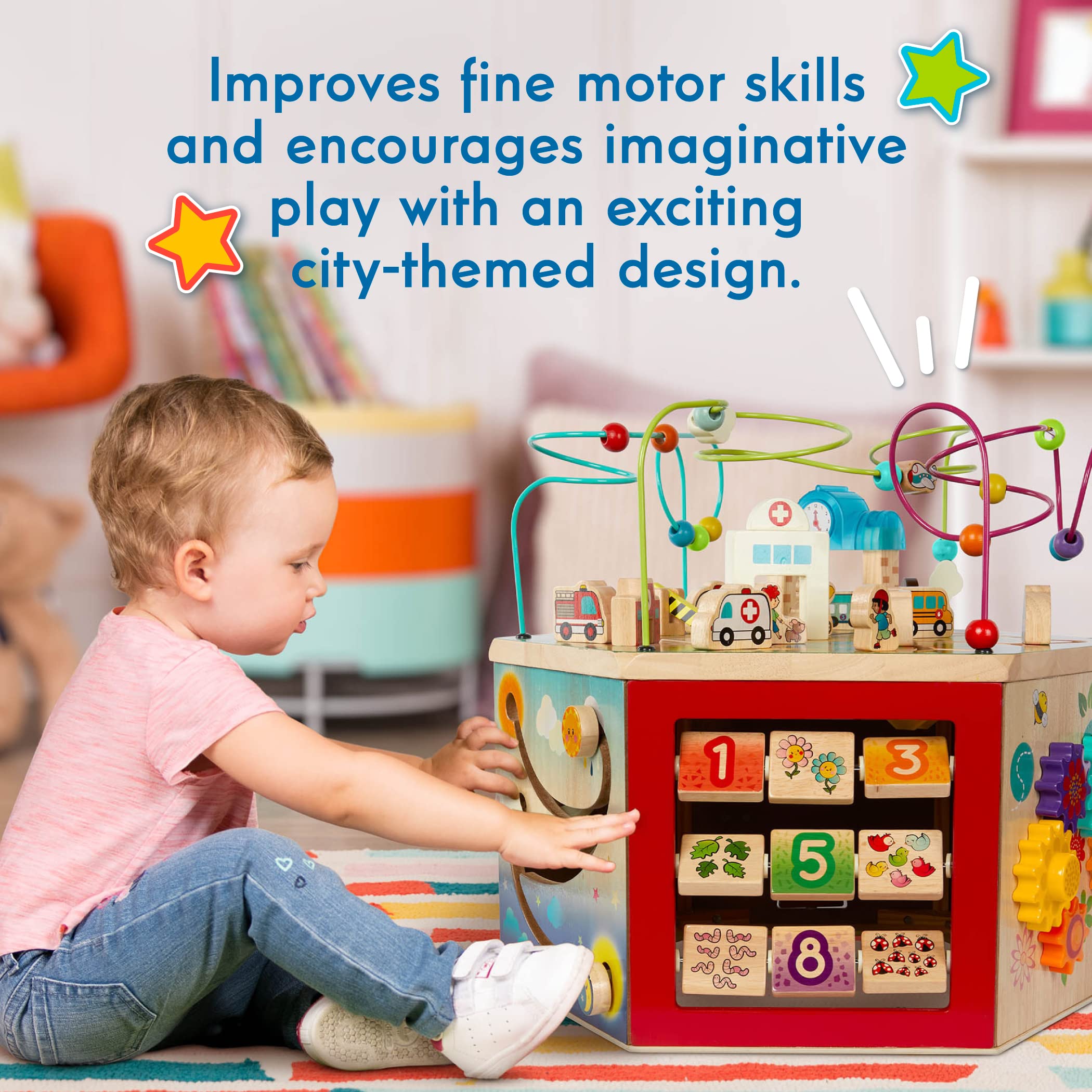Battat – Wooden Activity Cube – City-Themed Activity Center – Educational Toys – Wooden Toys for Toddlers and Kids – 1 Year + – City-Themed Wooden Activity Center
