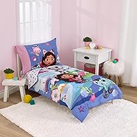 Gabby's Dollhouse Gab-Tastic Purple and Pink Pandy Paws, Mercat, and Cakey 4 Piece Toddler Bed Set - Comforter, Fitted Bottom Sheet, Flat Top Sheet, and Reversible Pillowcase