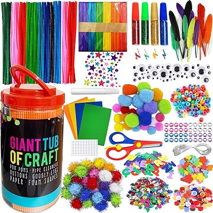 MOISO Kids Crafts and Art Supplies Jar Kit - 550+ Piece Set - Make Bracelets and Necklaces - Plus Glitter Glue, Construction Paper, Colored Popsicle Sticks, Eyes, Pipe Cleaners