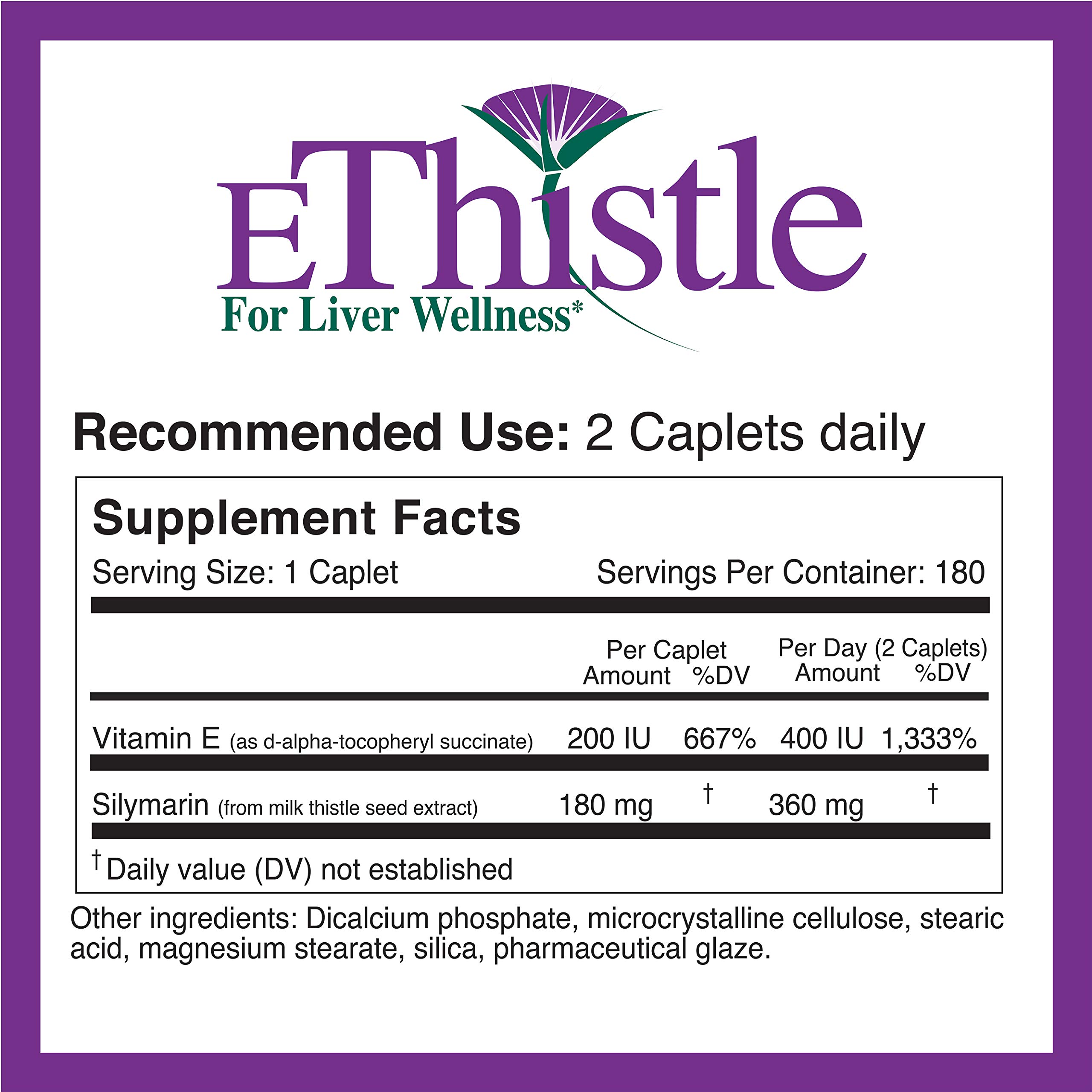 EThistle Liver Wellness Dietary Supplement, Milk Thistle & Vitamin E Liver Health Formula, Caplets 180 Count (Pack of 2)