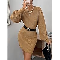 Women's Fashion Dress -Dresses Lantern Sleeve Ribbed Knit Sweater Dress Without Belt Sweater Dress for Women (Color : Brown, Size : Small)