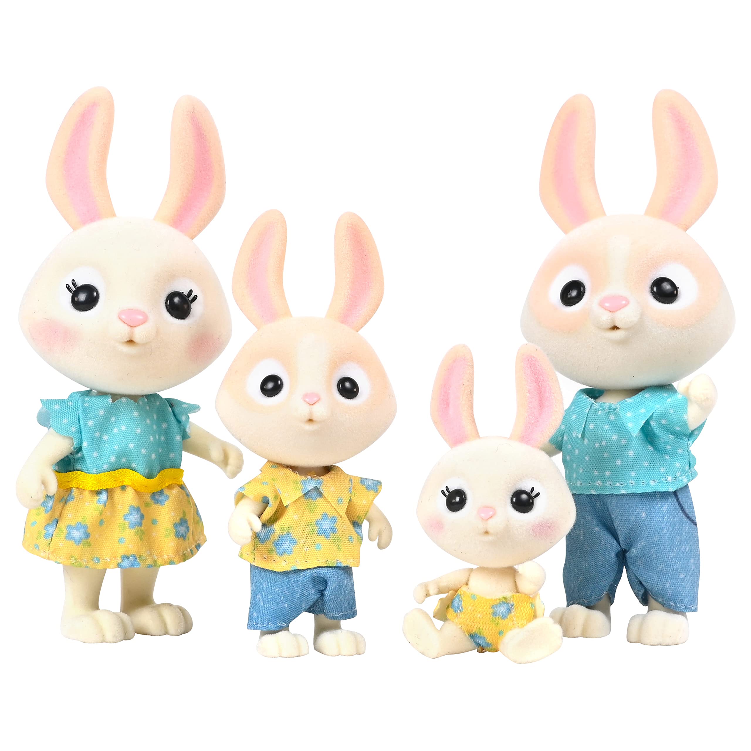 Sunny Days Entertainment Honey Bee Acres McScampers Rabbit Family – 4 Miniature Flocked Dolls | Small Collectible Bunny Figures | Pretend Play Toys for Kids