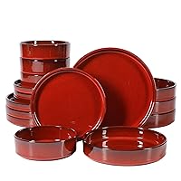 Oprah's Favorite Things - Santorini Mist Double Bowl Terracotta Reactive Glaze Plates and Bowls Dinnerware Set - Garnet Red, Service for Four (16pcs)