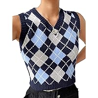 Women Knitted Geometric Argyle Sweater Vest 90s E-Girls Preppy Style Tank Tops Sleeveless V Neck Knitwear