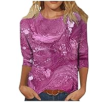 Spring Tops for Women 2024,Womens Vintage Marble Print Crewneck 3/4 Length Sleeve Shirts Three Quarter Sleeve Tops