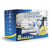 30 Pack Compression Storage Bags, Vacuum Storage Bags, Space Saver Bags for Comforters, Blankets, Pillows and Clothes Storage, Hand Pump Included (5 Jumbo/5 L/5 M/5 S/5 Roll M/5 Roll S)
