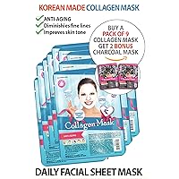 KOREAN MADE FACIAL MASKS - Daily Skin Facial Sheet Mask 6 Types Pack of 9 + 2 Bonus - Collagen, Avocado, Charcoal, Peppermint, Chamomile, Coconut (Collagen)