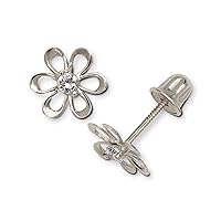 14k Solid Gold Cubic Zirconia Daisy Stud Earrings – Sun Flower Screw Back Earrings – 8mm – Hypoallergenic – Flower Earrings for Women Girls
