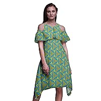 Bimba Moss Georgette Printed Women’s Chic Style Cold Shoulder Tunic Party Knee Long Shift Dress
