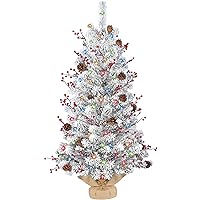 DDHS 3ft Christmas Tree with 60 Lights, Christmas Decor Pre-Lit Snow Flocked Artificial Mini Christmas Trees, Small Pine Cones Red Berries, Perfect Xmas Tree for Party Tabletop Bedroom Holiday Decor