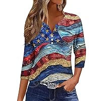 American Flag Summer Tops for Women 2024-4th of July T-Shirts Star Stripes USA 3/4 Sleeve V-Neck Patriotic Tee Tops