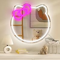 Anime Cat Mirror Neon Sign for Wall Decor, Hello Cat Room Decor, Cute Vanity Mirror with LED Neon Light, Girls Dresser Decor (Cat Mirror)