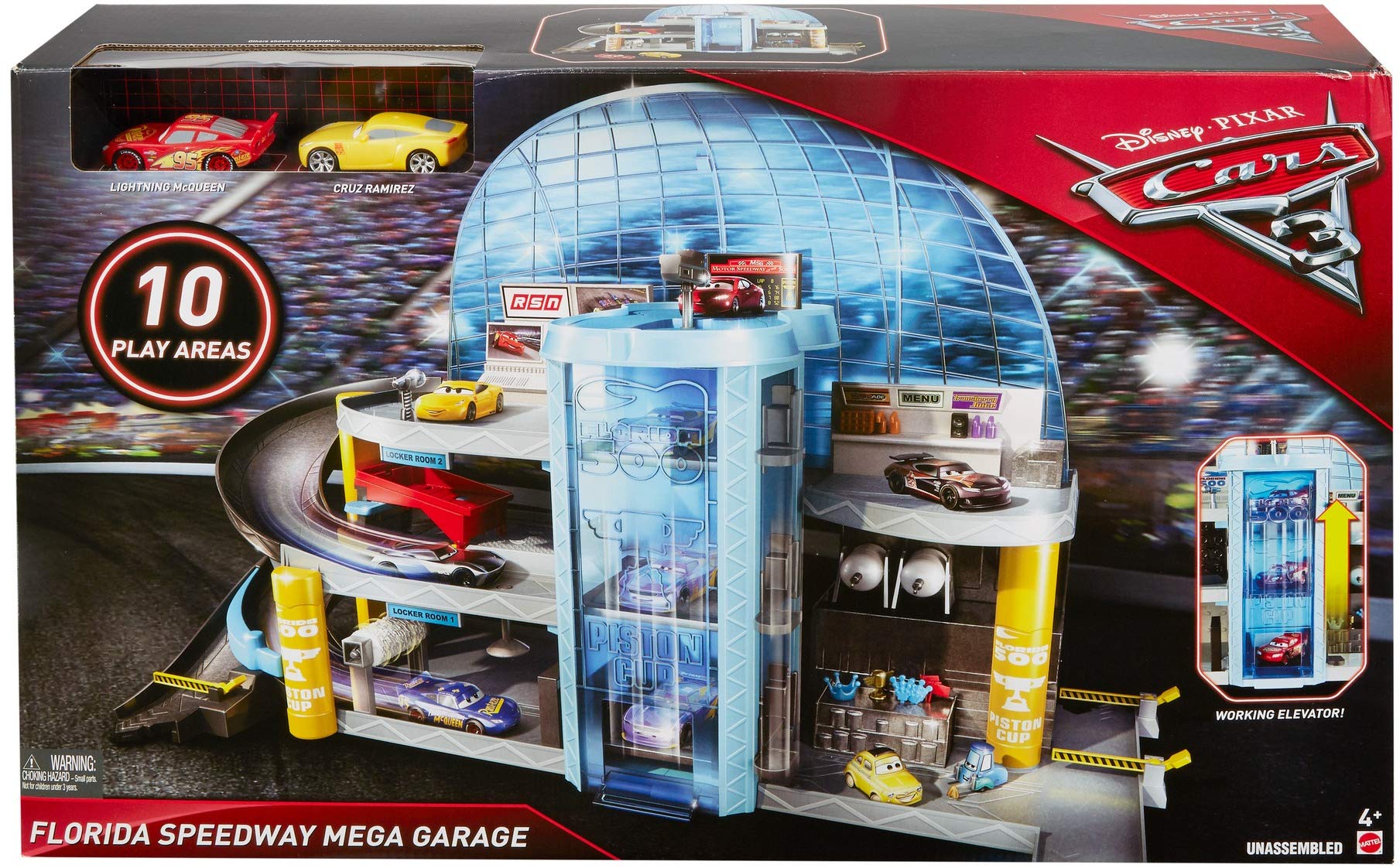 Disney Cars Toys Garage Playset with Lightning Mcqueen & Cruz Ramirez Toy Cars, Florida Speedway MEGA 3-Level Garage