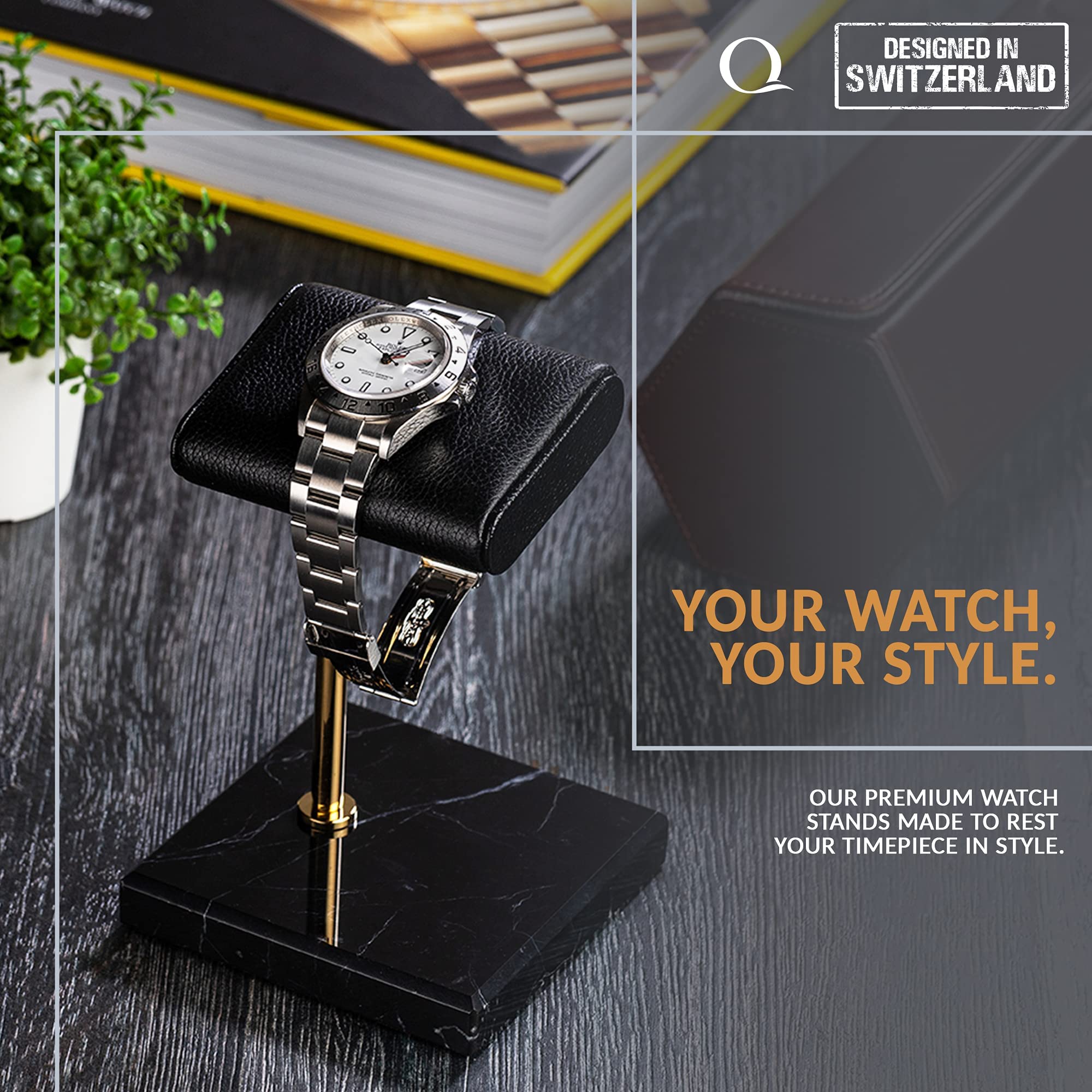 QWATCHBANDS Genuine Leather Watch (Grey/Light Blue) and Watch Stand (Black/Gold/Black)