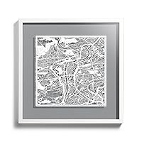 O3 Design Studio Prague Cut Map Framed, White map, White Frame, 18x18 inches, Paper Cutting Art Work, Gift Boxed, 4 Background Color, self-Changing, Wall Art