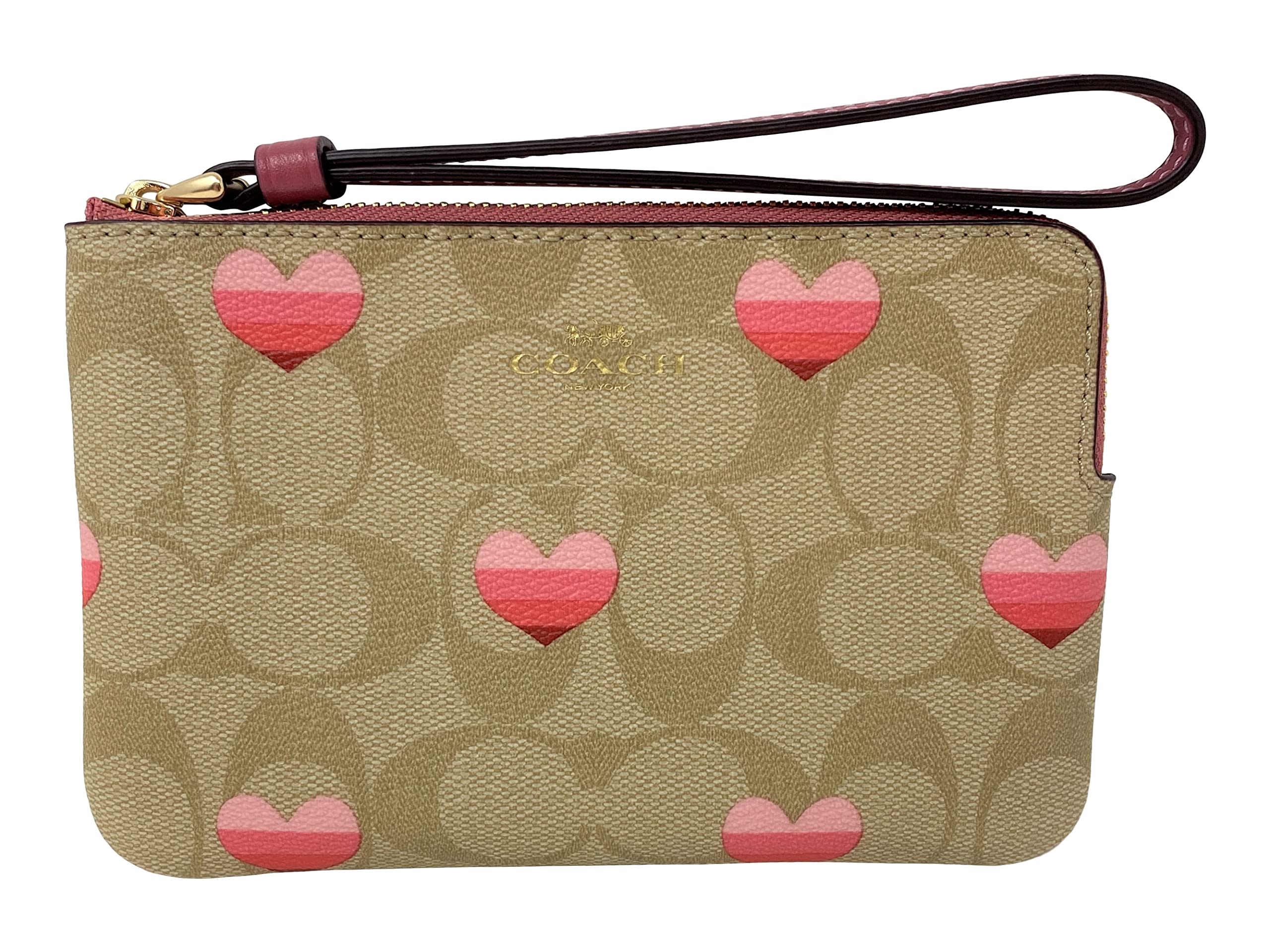 COACH Women's Corner Zip Wristlet (Signature Canvas - Striped Heart Print - Light Khaki)