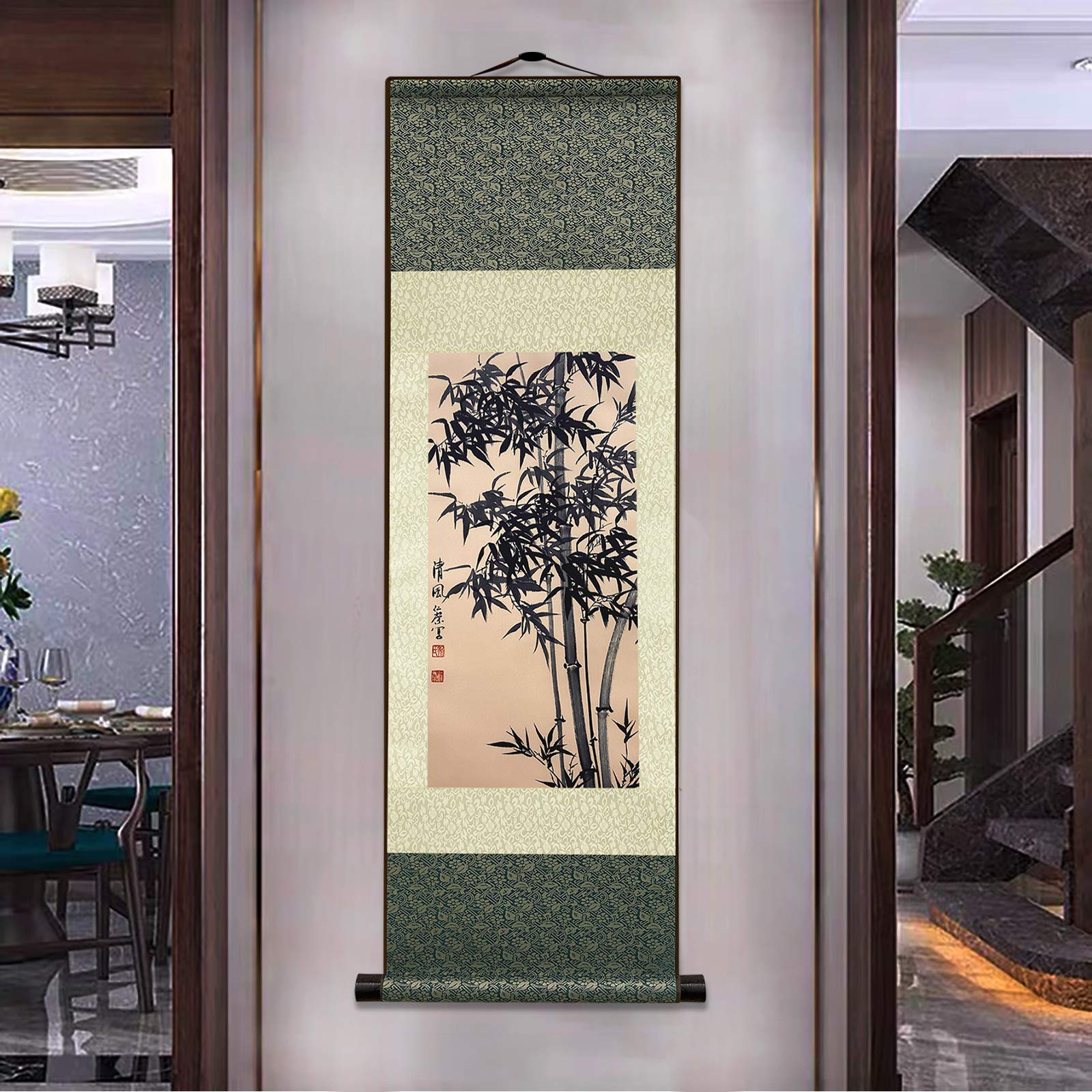 AtfArt Asian Wall Decor Beautiful Silk Scroll Painting Bamboo Leaf Plant - Ancient Bamboo Oriental Decor Chinese Art Wall Scroll Wall Hanging Painting Scroll (39 x 12 in)
