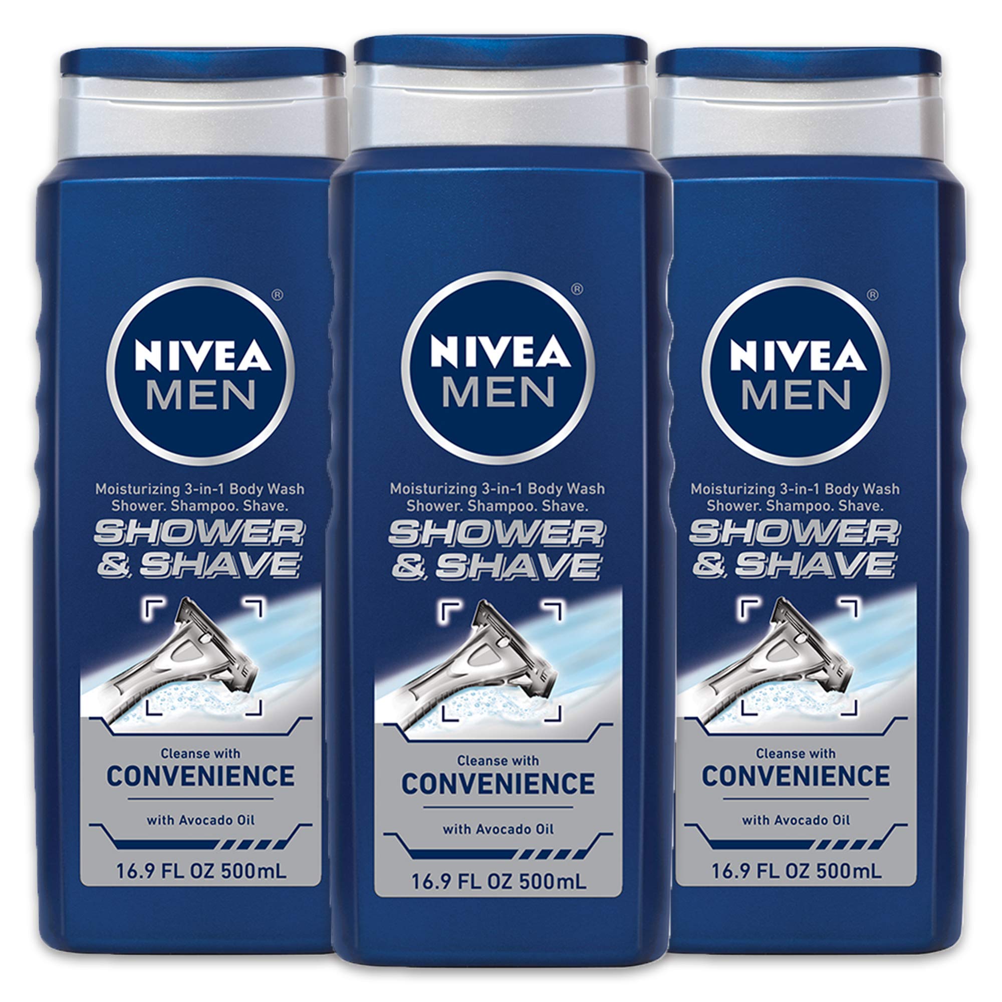Nivea Men Shower & Shave Body Wash, Shower, Shave and Shampoo With Moisture, 16.9 fl. oz, Pack of 3