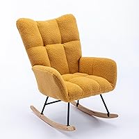 Rocking Chair for Nursery Wingback Glider Rocker with Safe Solid Wood Base Soft Teddy Fabric Rocking Chair for Living Room Bedroom Yellow