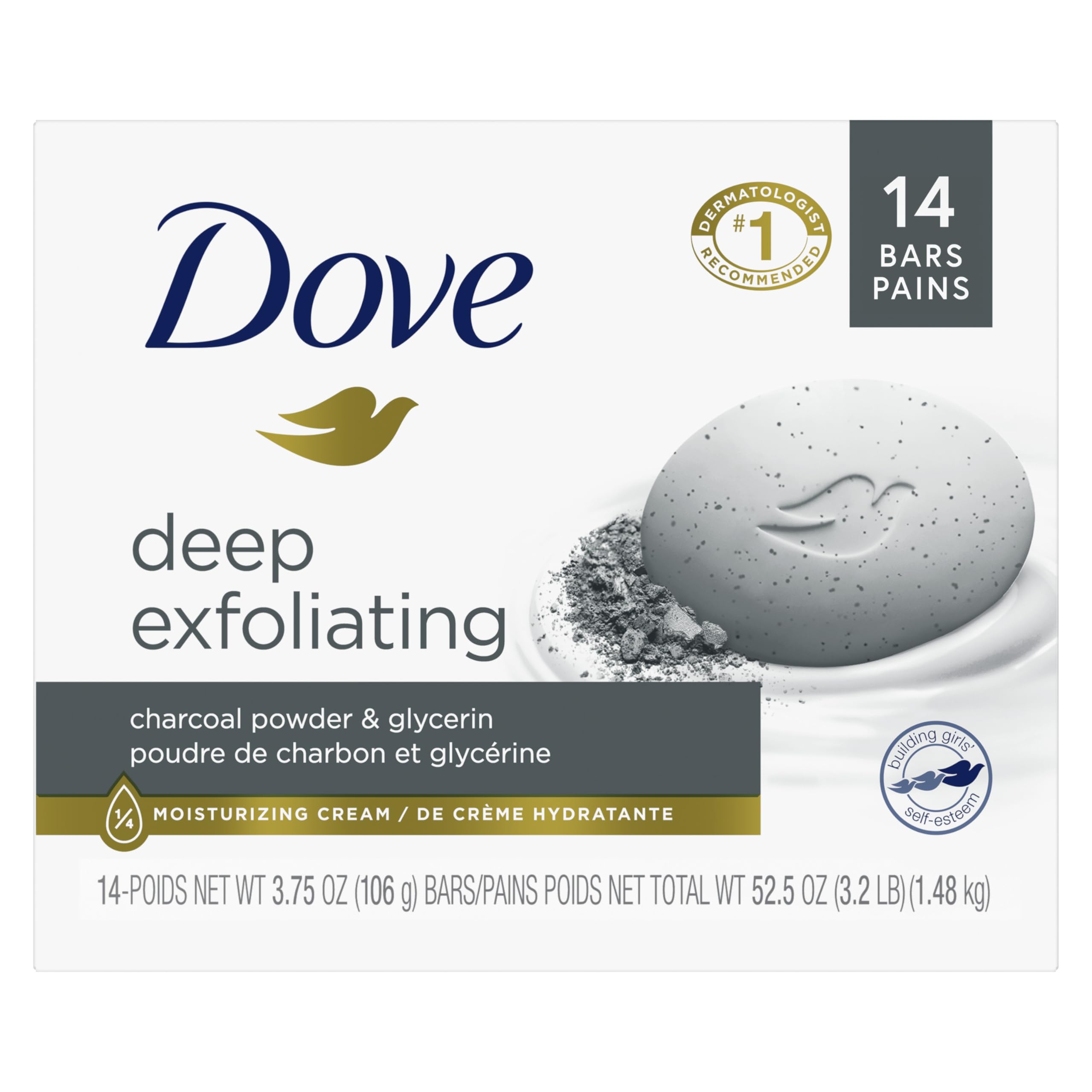 Dove Beauty Bar Soap Deep Exfoliating Charcoal Powder & Glycerin 14 count,for Softer, Smoother Skin,Scrubs Away Impurities 3.75oz