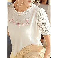 Women's Sweaters Women's Sweaters Fall Floral Embroidered Puff Sleeve Knit Top Cute Women's Sweaters SupShip (Color : White, Size : Small)