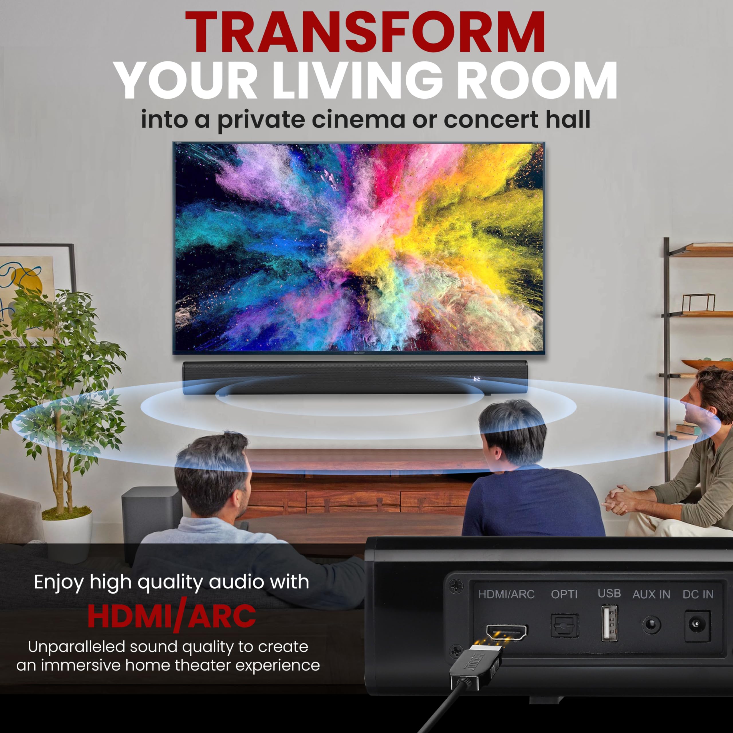 Pyle Home Theater Soundbar Speaker - Wave Base Streaming Tabletop Stand Mount TV Digital System with AUX/Digital Optical Audio Connector Jacks/USB Port, HDMI /ARC, Full Sound Reproduction