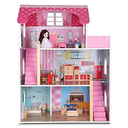 Giragaer Wooden Dollhouse Furniture 5 Set, Wood Doll House Miniature Bathroom/Living Room/Dining Room/Bedroom/Kitchen House Furniture Doll Decoration Accessories Pretend Play Kids Toy Colorful…