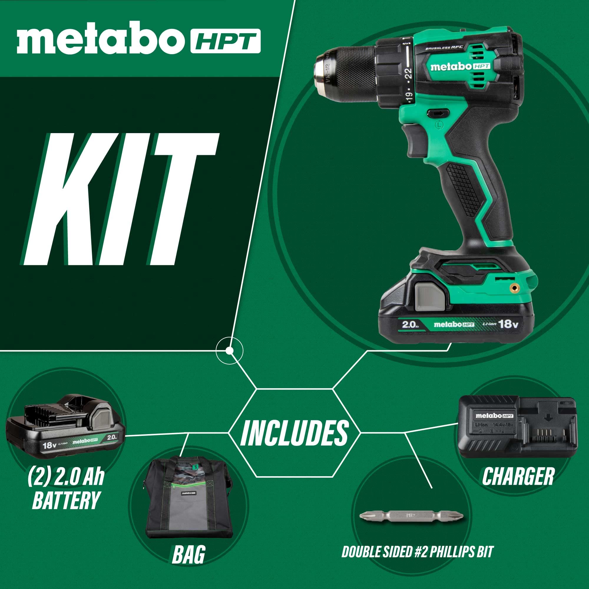 Metabo HPT 18V MultiVolt™ Cordless Brushless Hammer Drill Kit | Includes 2-18V 2.0Ah Batteries | 620 in-lbs of Torque | Reactive Force Control | DV18DEX