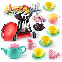 JOYIN 18Pcs Pretend Play Tea Party Set Play Food Accessories BPA Free, 34 PCS Cooking Toy Set, Kitchen Toy Set, Toy BBQ Grill Set, Little Chef Play, Kids Grill Playset Interactive BBQ Toy Set for Kids