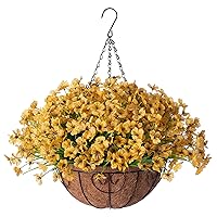 Artificial Hanging Flowers in Basket for Porch Lawn Garden Spring Summer Decor,12 inch Coconut Lining Hanging Baskets with Artificial Daisy Flowers for Outdoors and Indoors Decor(Yellow)