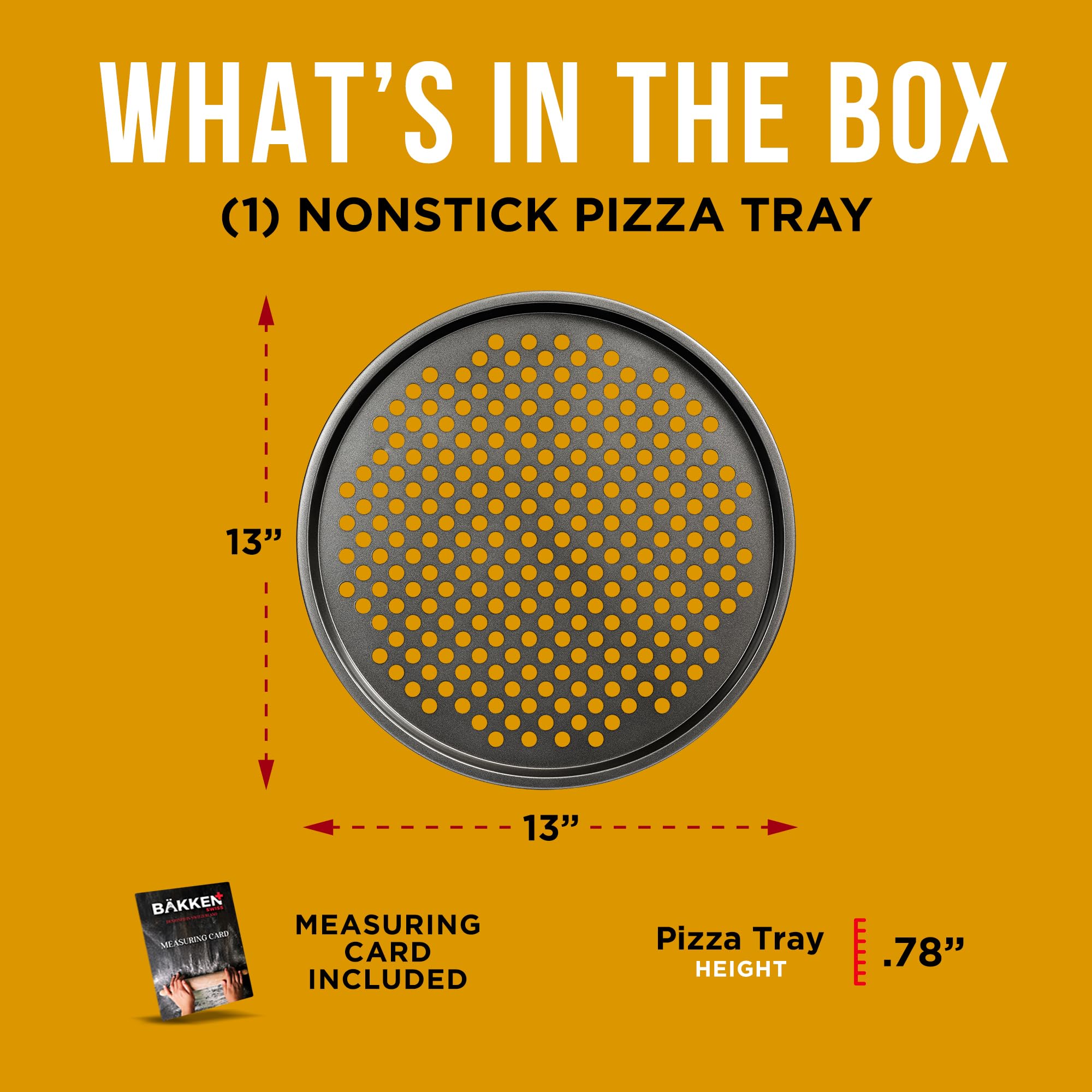 Bakken- Swiss Non-Stick Pizza Pan with Holes - 13-Inch Perforated Pizza Crisper Carbon Steel Pizza Pan - 1 Round Pizza Trays with Silicone Handles PFOA PFOS and PTFE Free