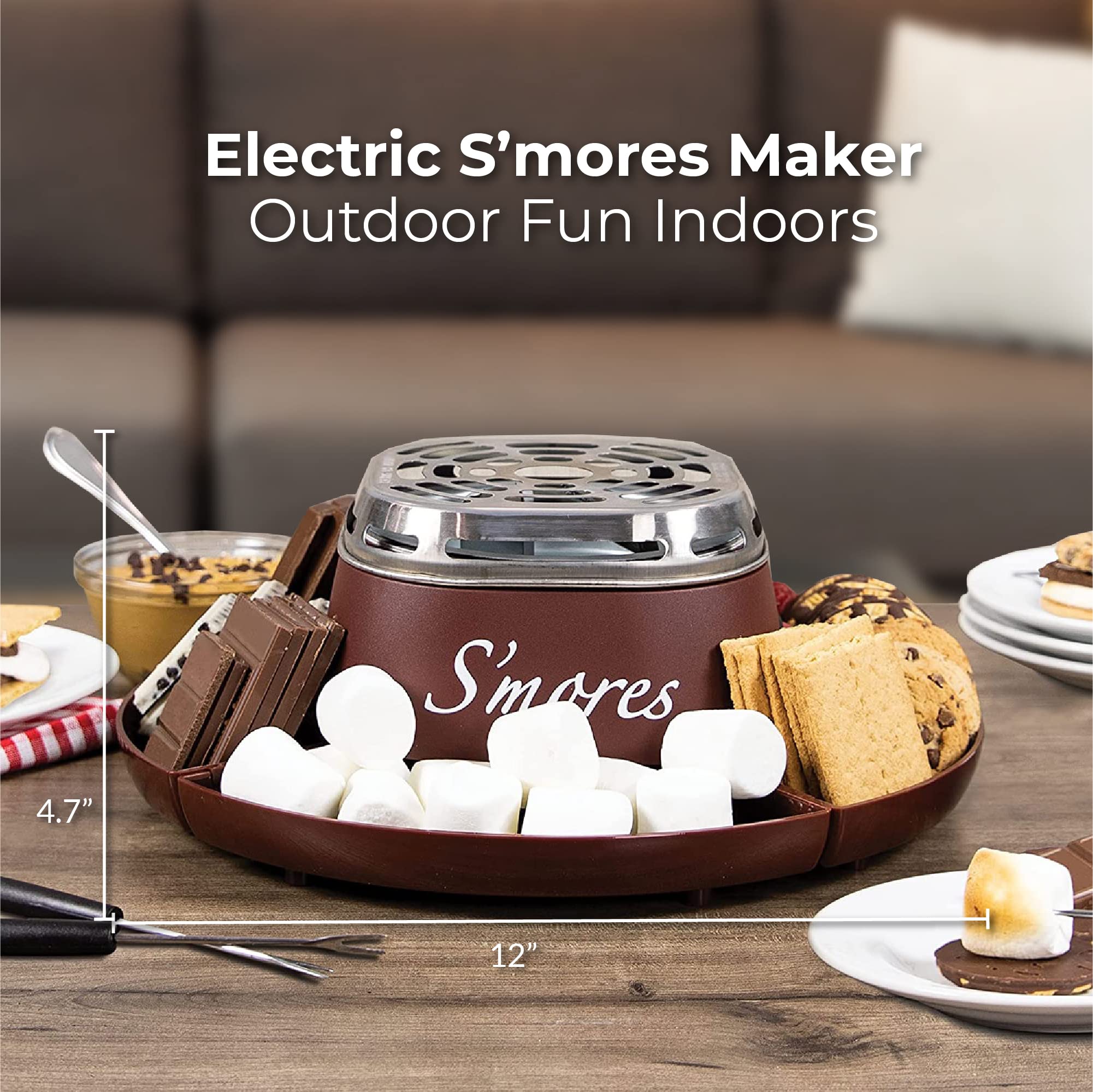 Nostalgia Tabletop Indoor Electric S'mores Maker - Smores Kit With Marshmallow Roasting Sticks and 4 Trays for Graham Crackers, Chocolate, and Marshmallows - Movie Night Supplies - Brown