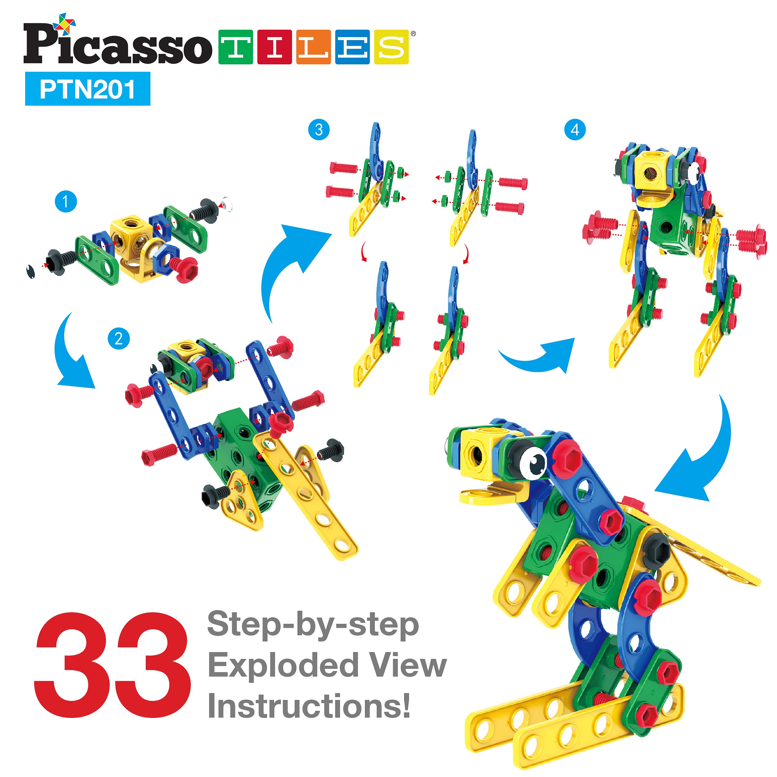 PicassoTiles 201 Piece Engineering Kit + 60 Piece Magnetic Mini Diamond Blocks, STEM Learning Toys Playset w/IdeaBook, Power Drill, Clickable Ratchet, Travel Size On-The-Go Magnet Construction Toy
