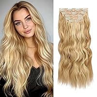 WECAN Blonde Clip In Hair Extensions 20 Inch 6 Pcs Long Wavy Curly Strawberry Blonde Highlight Bleach Blonde Hair Extensions Synthetic Fiber Double Weft Soft Hairpieces For Women