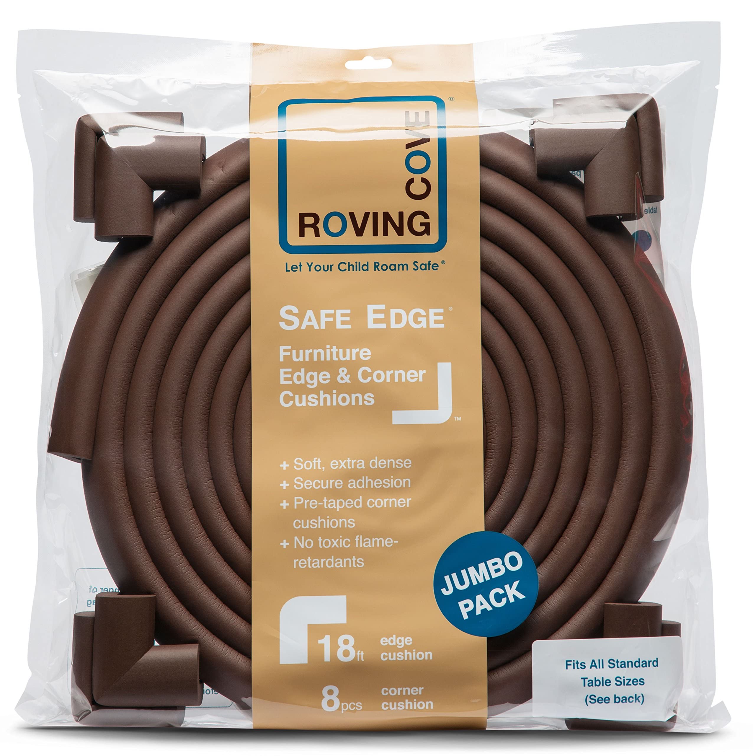 RovingCove Edge Corner Protector Baby Proofing (Large 18ft 8 Corners), Hefty-Fit Heavy-Duty, Soft NBR Rubber Foam, Furniture Fireplace Safety Bumper Guard, 3M Adhesive, Coffee Brown