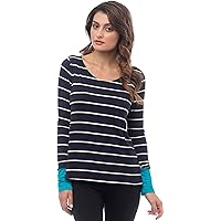 Long Sleeve Striped Top With Color Cuff, M, Navy-Turquoise