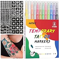 Temporary Tattoo Markers for Skin,12 Colors Washable Body Tattoo Pens+104 Unique Tattoo Stencils,Body Markers Temporary Tattoo Kit for Teens and Adult ZYH2311001KIT