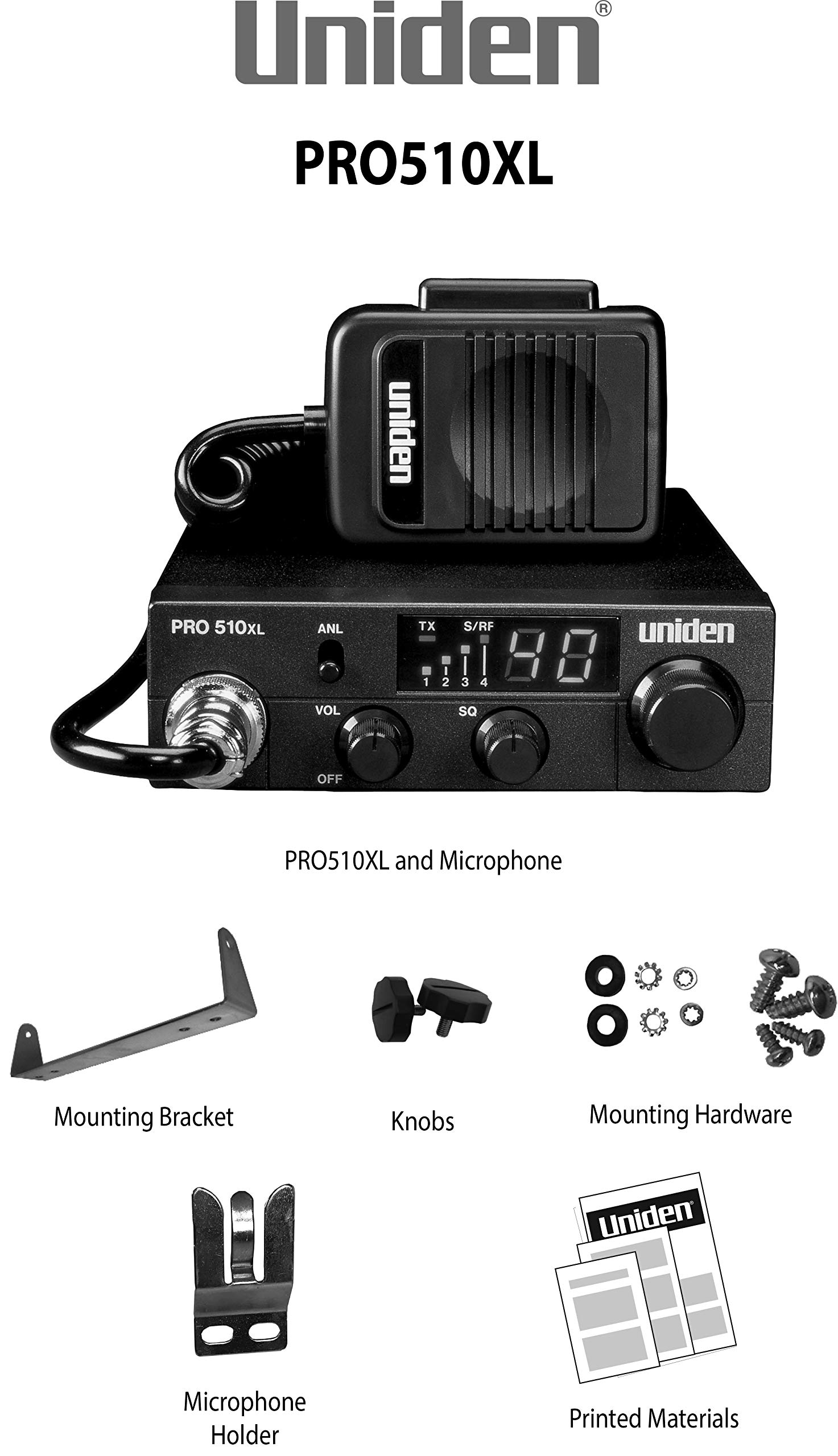 Uniden PRO510XL Pro Series 40-Channel CB Radio. Compact Design. Backlit LCD Display. Public Address. ANL Switch and 7 Watts of Audio Output. Unique PLL Circuit. S/RF LED Meter. , Black