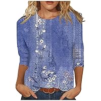 Women Tops Womens Fashion Tops 3/4 Sleeve T Shirts for Women Loose Fit Casual Print Tops Three Quarter Sleeve Round Neck Blouses Pullover 03 Blue X-Large