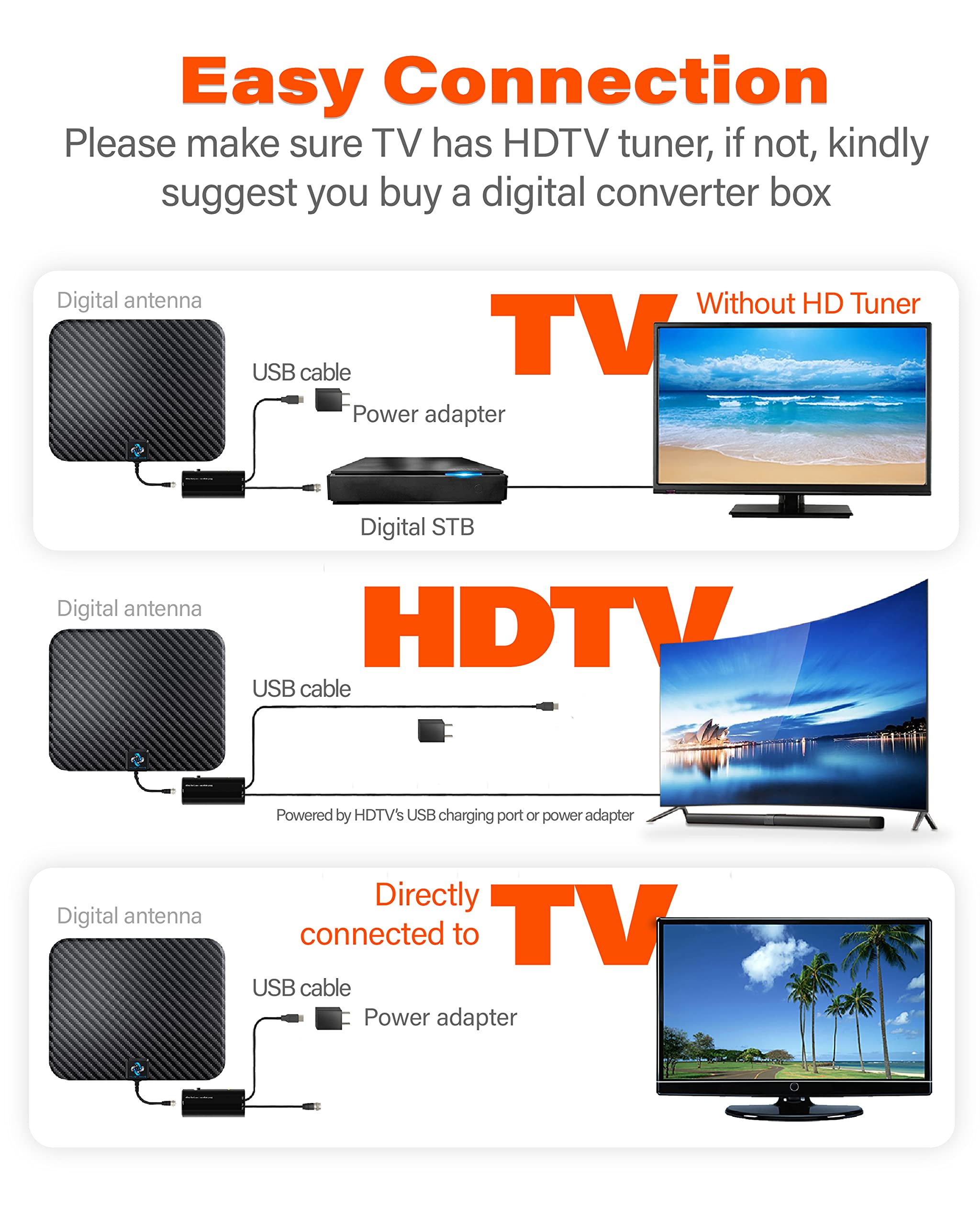 U MUST HAVE Amplified HD Digital TV Antenna Long 250+ Miles Range - Support 4K 1080p Fire tv Stick and All TV's - Indoor Smart Switch Amplifier Signal Booster - 18ft HDTV Cable/AC Adapter, Carbon v.