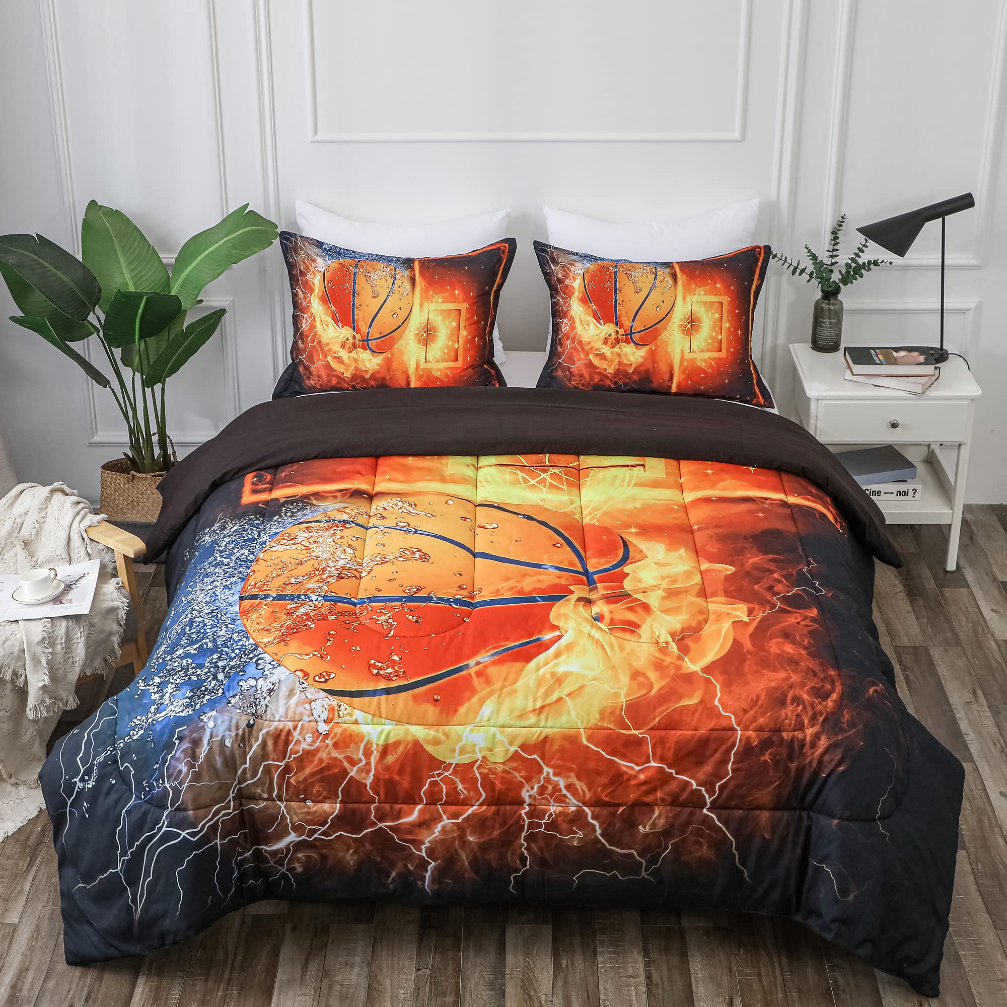 Litanika Basketball Comforter Twin(66x90lnch), 2 Pieces(1 Basketball Comforter and 1 Pillowcase) 3D Sport Basketball Comforter Set Microfiber Beddi...