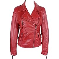 UNICORN Womens Fashion Biker Style Real Leather Jacket - Waxed Red #GB