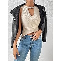 Women's Sweaters Women's Sweaters Fall Chain Detail Cut Out Wrap Cross Knit Top Cute Women's Sweaters SupShip (Color : Apricot, Size : Medium)